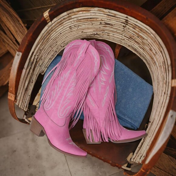 Women's Pink Fringe Knee High Cowgirl Western Boots with Embroidery Pointed Toe - Picture 2 of 6
